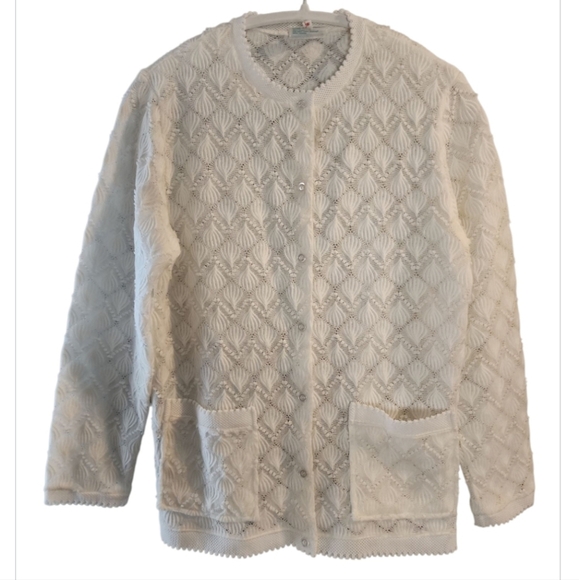 Vintage Cardigan 60s 50s DeMura 100% Acrylic Sz 42 White Cottage Core Coquette - Picture 5 of 10